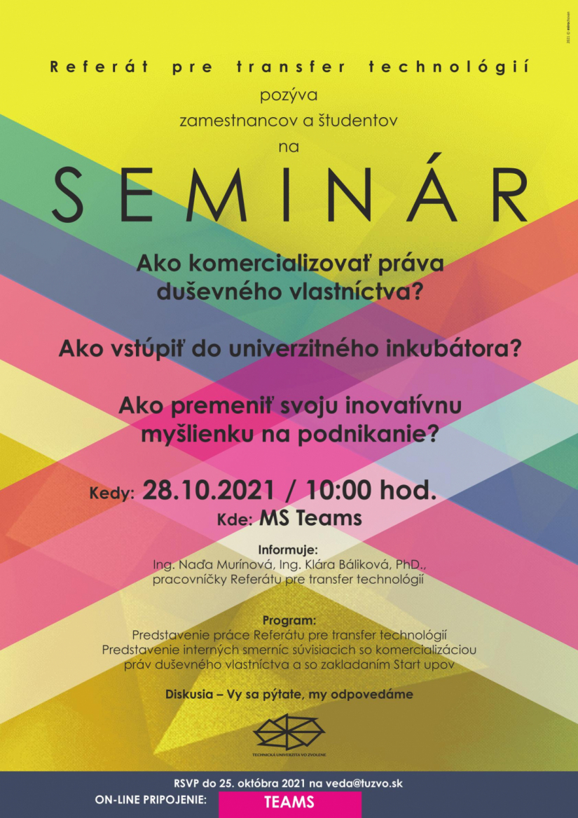 Pozvánka na seminár - Referát pre transfer technológií TUZVO